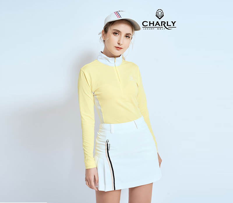 Váy golf Charly Golf Rose Luxury trắng chữ A xếp ly